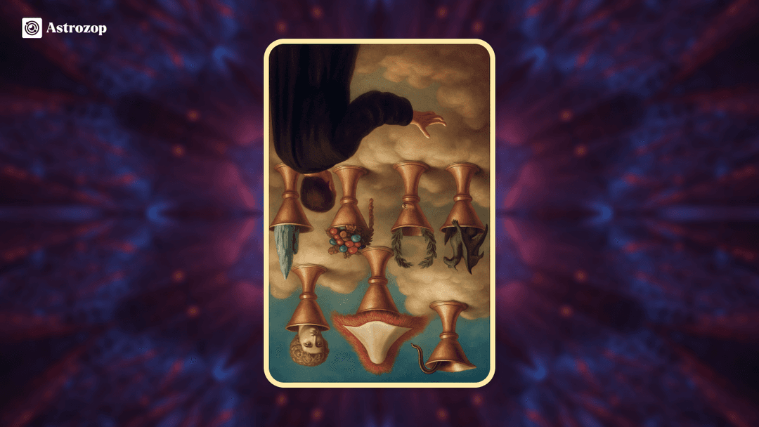 Reversed Seven of Cups reversed tarot card showing a figure with seven floating cups tilted downward