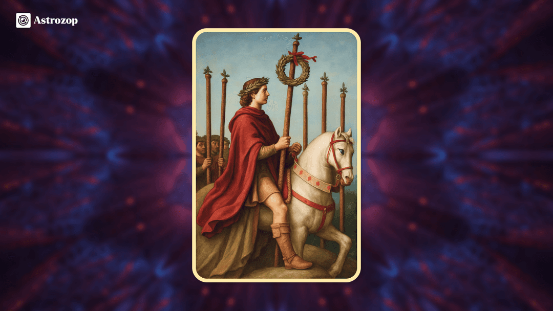 Six of Wands tarot card showing a figure riding a horse while holding a wand 