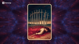 Ten of Swords tarot card showing a figure lying face down with ten swords piercing their back