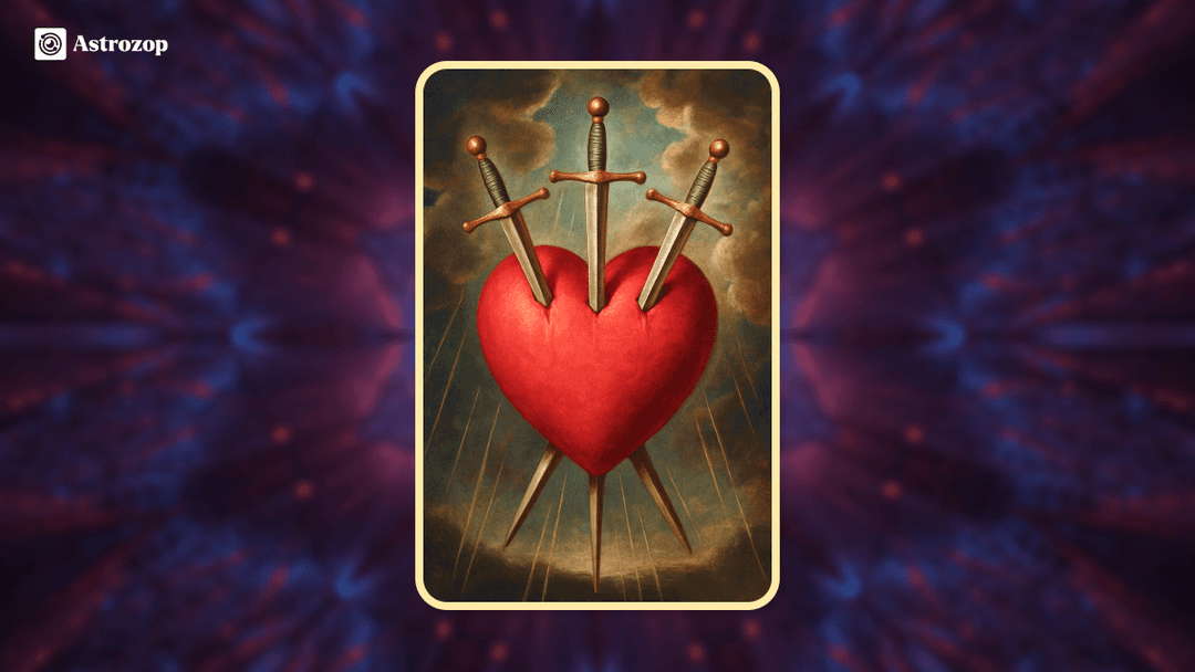 Three of Swords tarot card showing a heart pierced by three swords